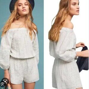 Anthropologie Tina Jo Black White Striped Off the Shoulder Romper Sz M